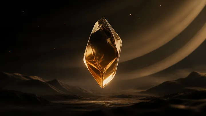 Abstract direction: a glowing amber prism suspended above a dark rocky landscape