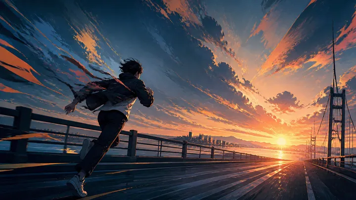 Anime direction: an illustrated runner crossing a bridge at sunrise