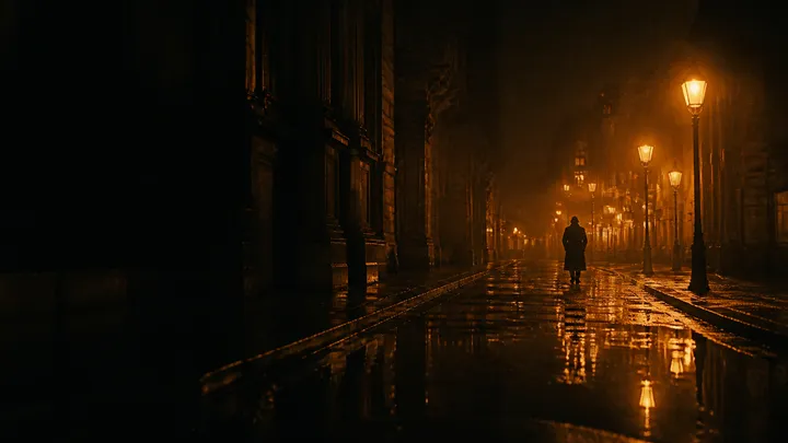 Cinematic direction: a solitary figure on a rain-soaked city street with warm lights
