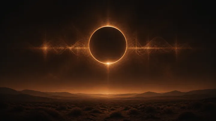 Living cover direction: a glowing eclipse and waveforms above a dark desert horizon