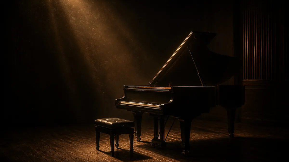 A grand piano in a quiet room lit by a warm spotlight