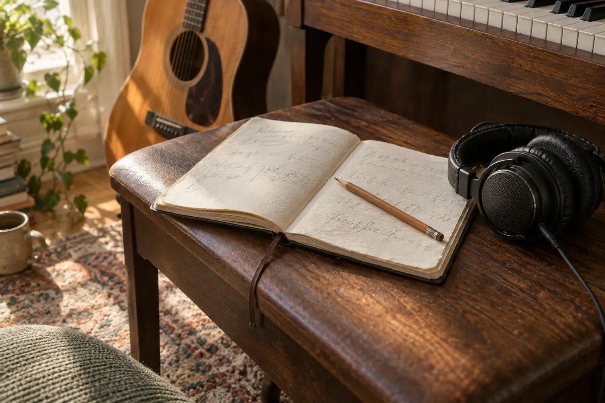 An open songwriting notebook and pencil beside headphones, a guitar and piano keys