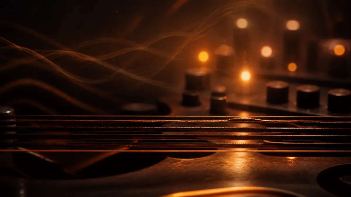A softly lit acoustic guitar with copper-colored strings