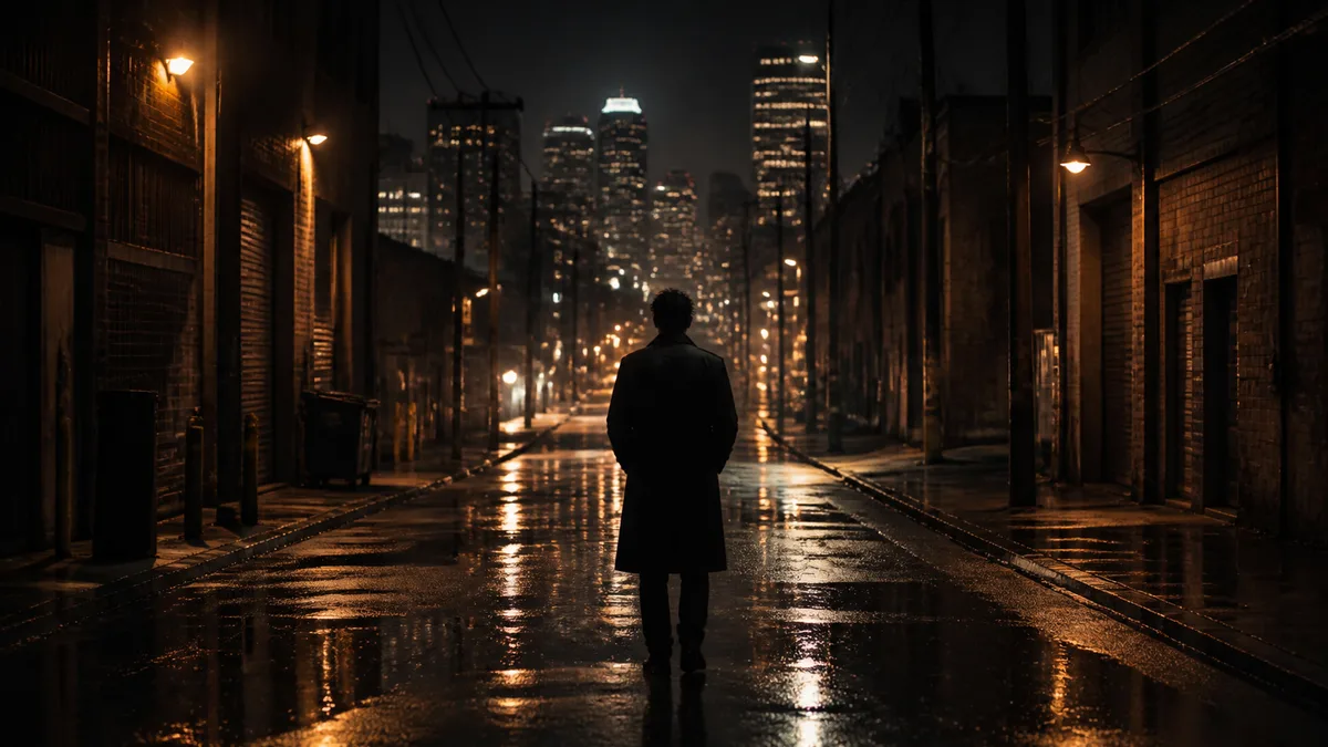A rain-lit alley with a lone figure framed by warm windows and reflections