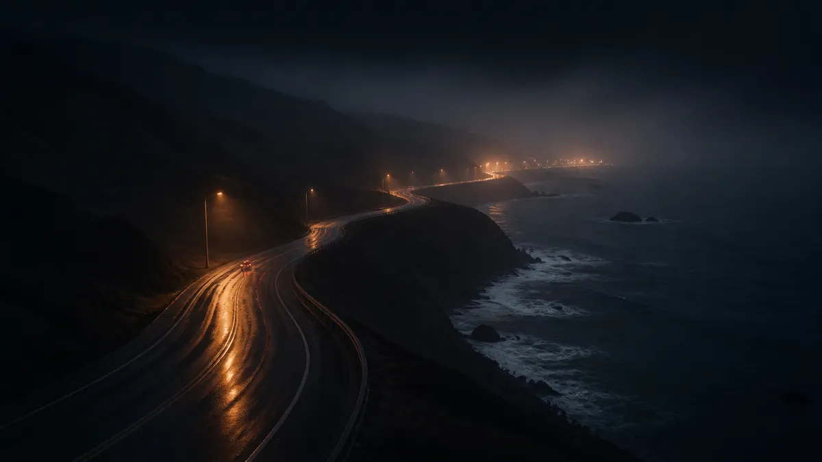 A quiet coastal road winding toward the horizon at sunset